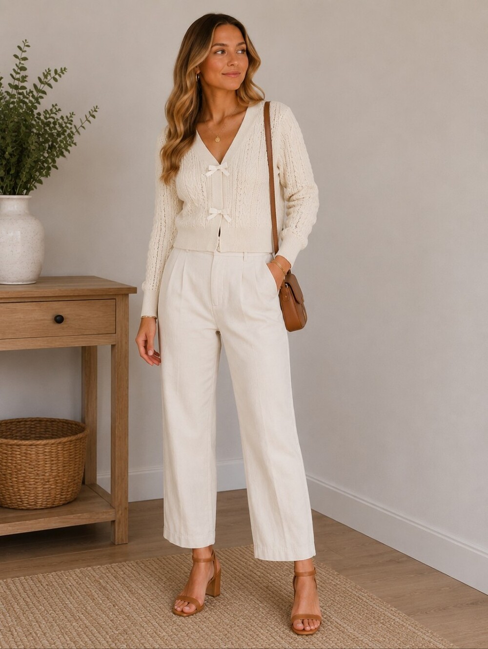 Jessica Simpson Cream Cable-Knit V-Neck Sweater with Ribbon Ties